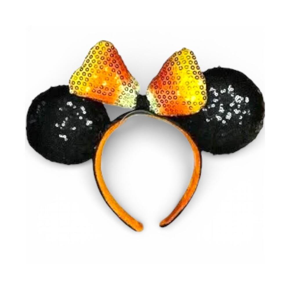 Disney Candy Corn Sequin Mouse Ears Headband Halloween Black Orange Bow